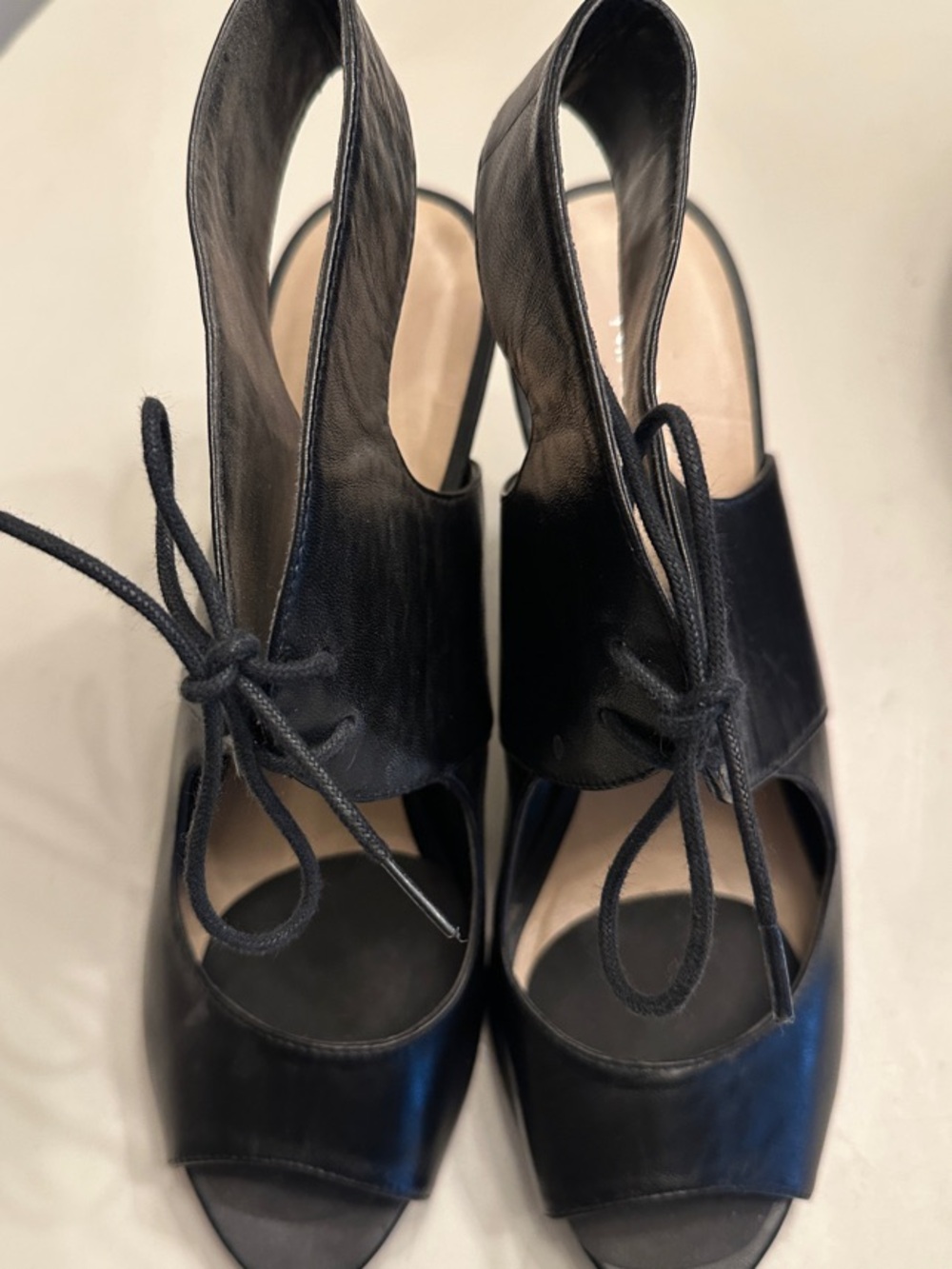 Black Leather Open-Toe Lace-Up Slingback Heels